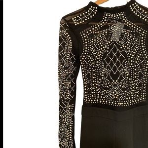 Mesh long sleeve pantsuit with metal beading